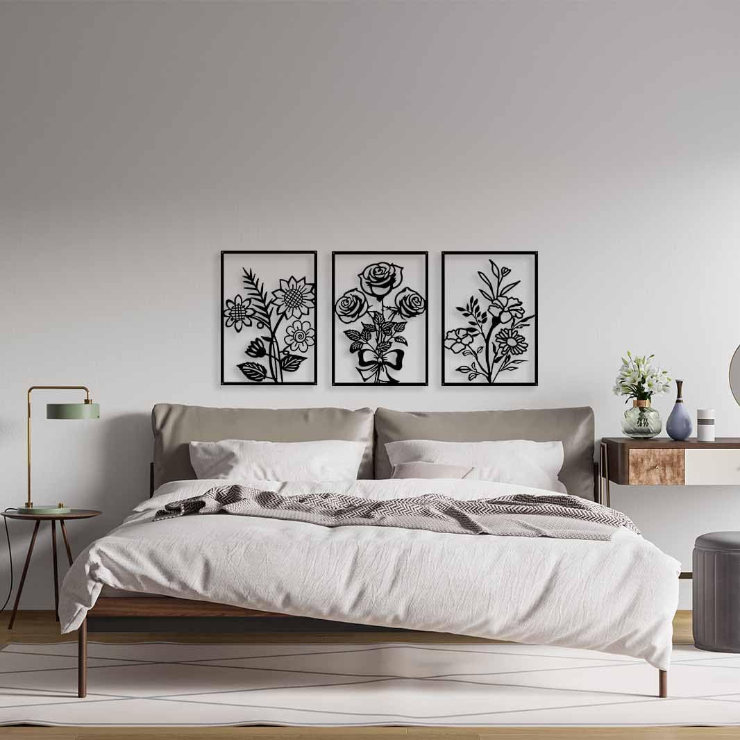 3 Pcs Minimalist Black Metal Flower Wall Art – Modern Floral Line Decor
