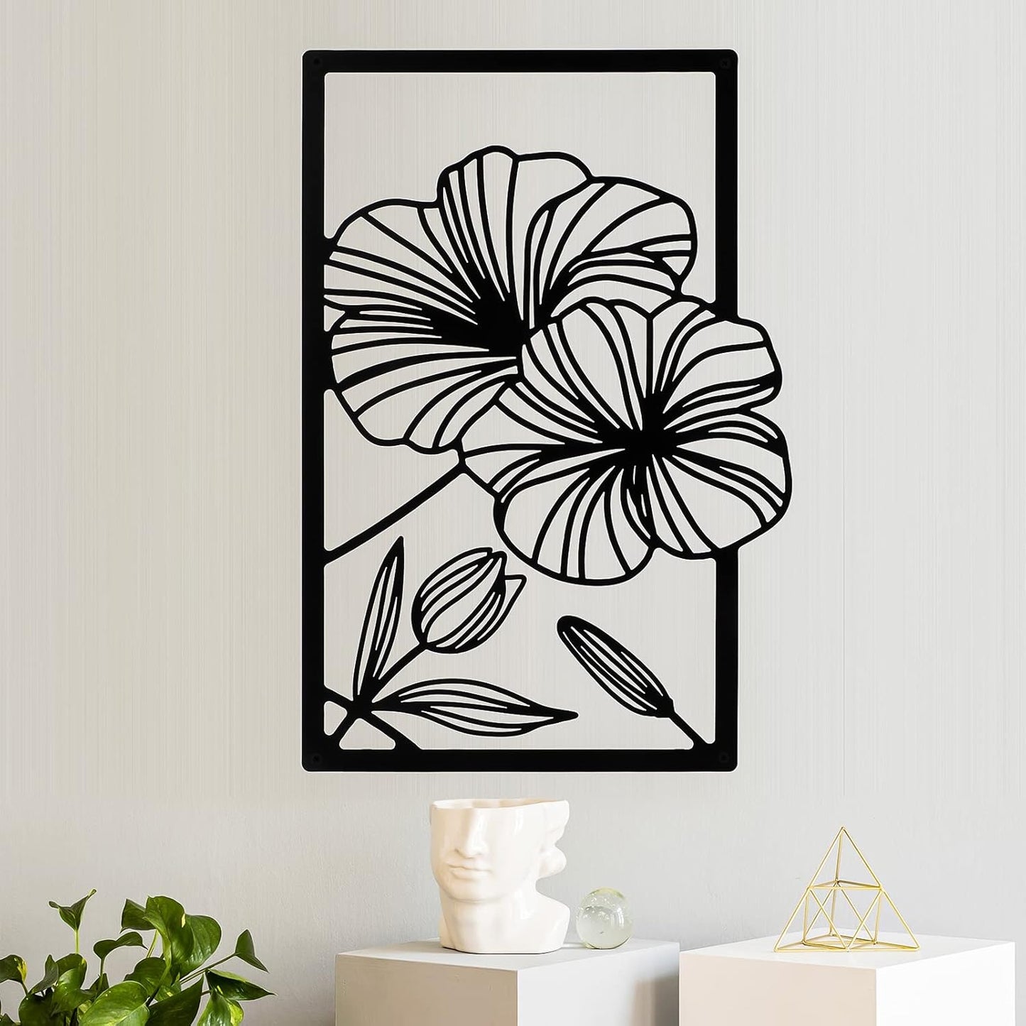4 Pcs Black Metal Wall Art – Floral Line Art Minimalist Wall Decor