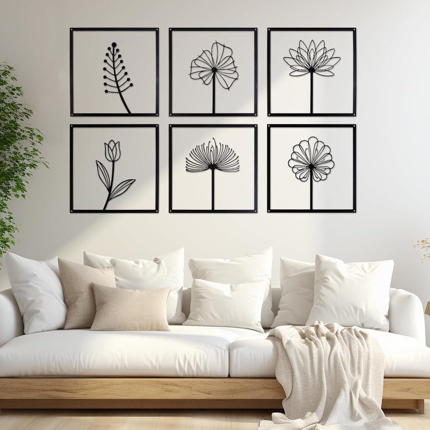 6 Pcs Black Metal Wall Art Decor – Minimalist Flower and Leaf Line Art