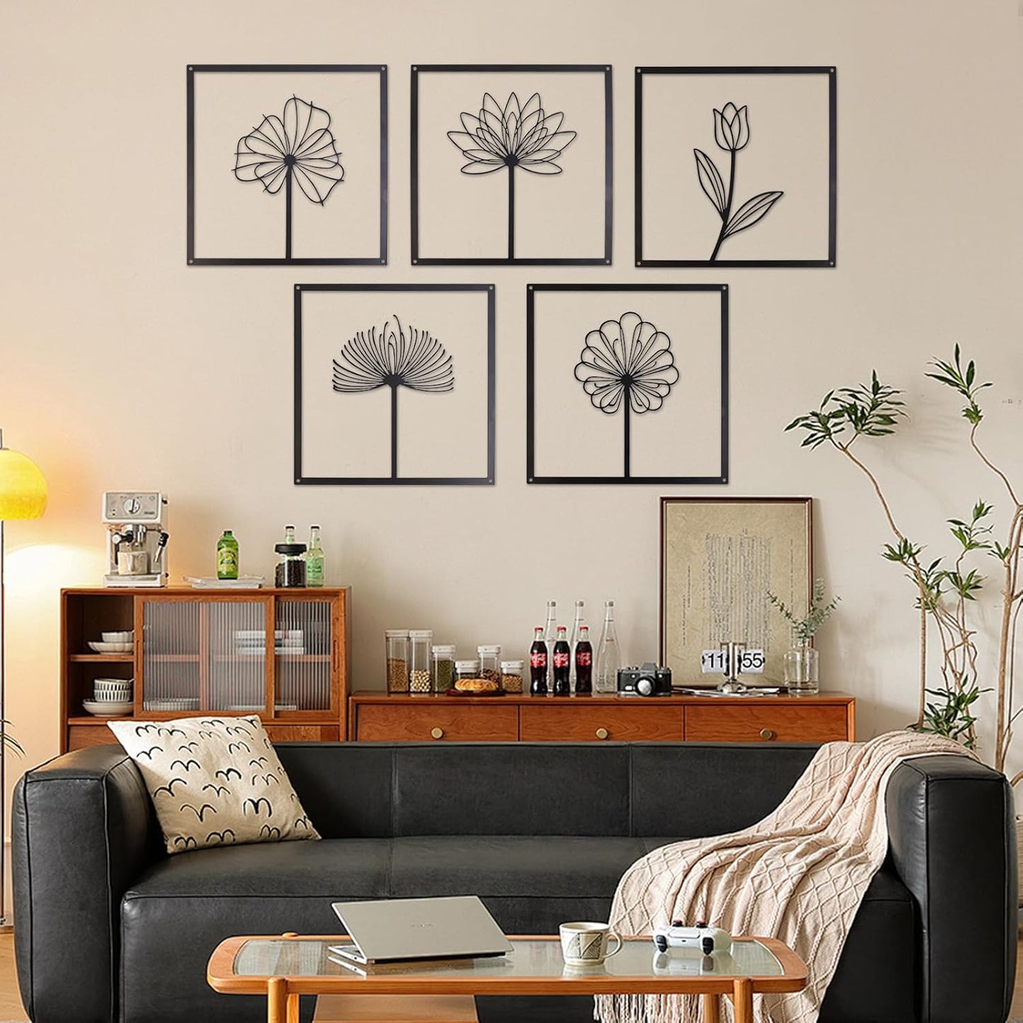 6 Pcs Black Metal Wall Art Decor – Minimalist Flower and Leaf Line Art