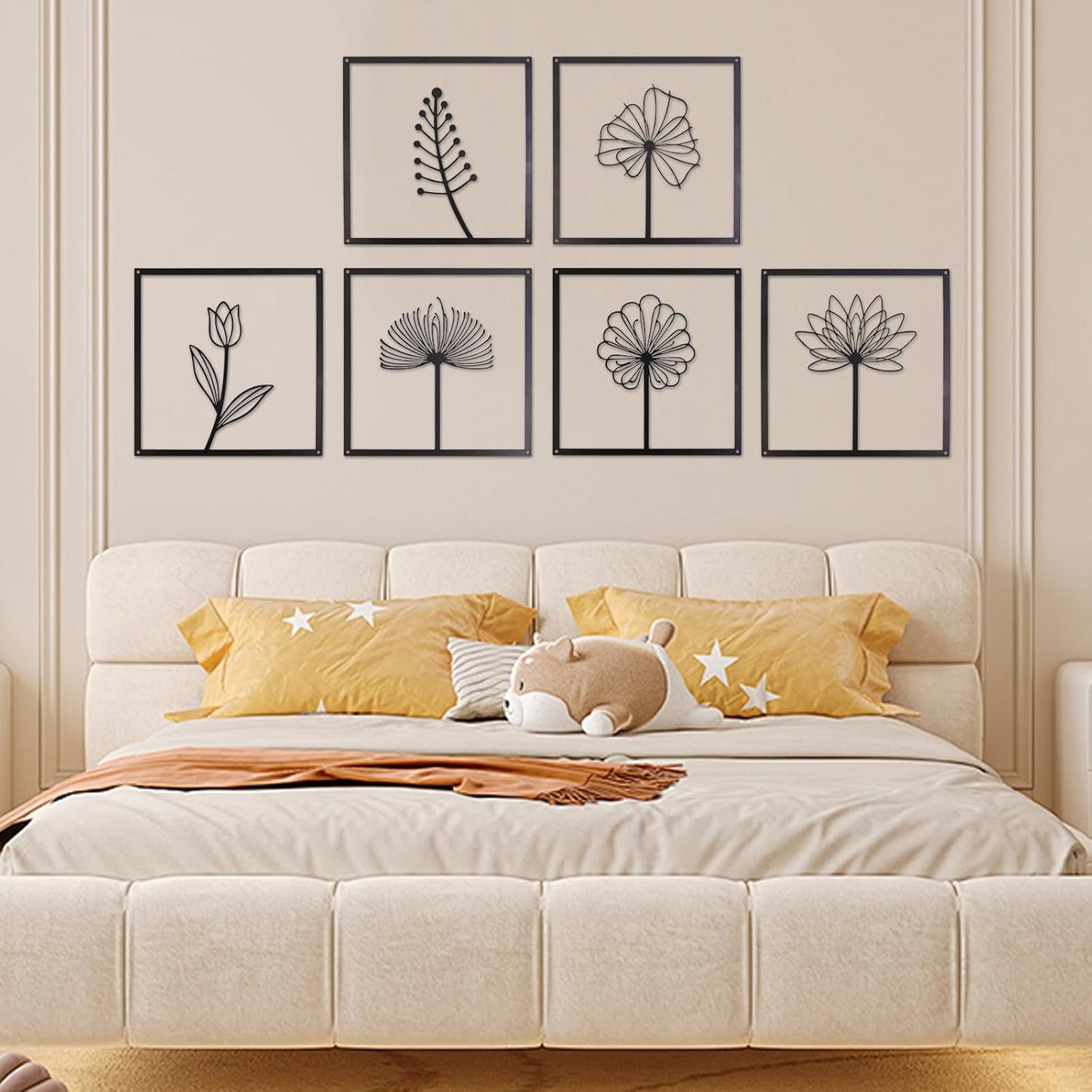 6 Pcs Black Metal Wall Art Decor – Minimalist Flower and Leaf Line Art
