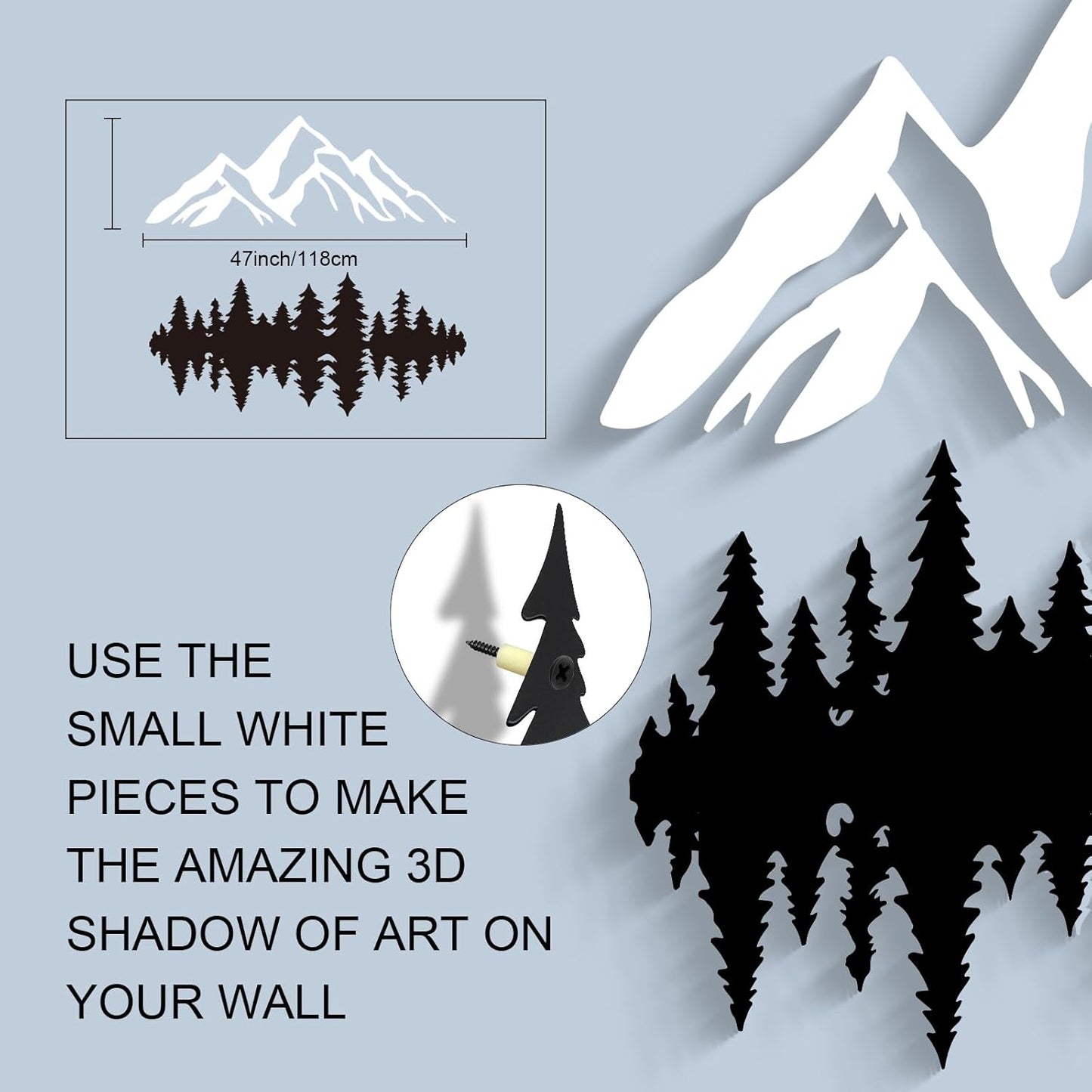 2 Pcs Large White and Black Mountain Forest Metal Wall Art – 47" x 19"