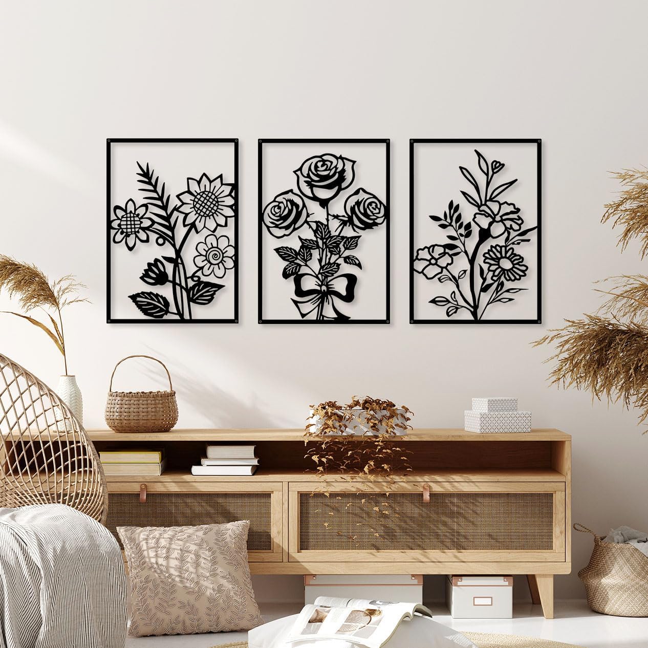 3 Pcs Minimalist Black Metal Flower Wall Art – Modern Floral Line Decor