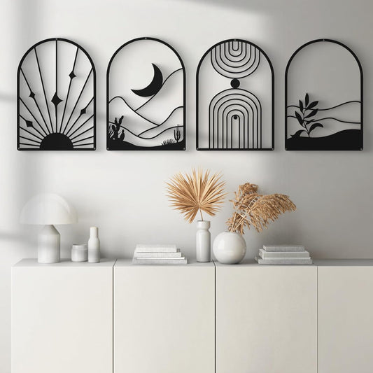 4 Pack Black Abstract Metal Wall Art – Minimalist Single Line Boho Wall Decor
