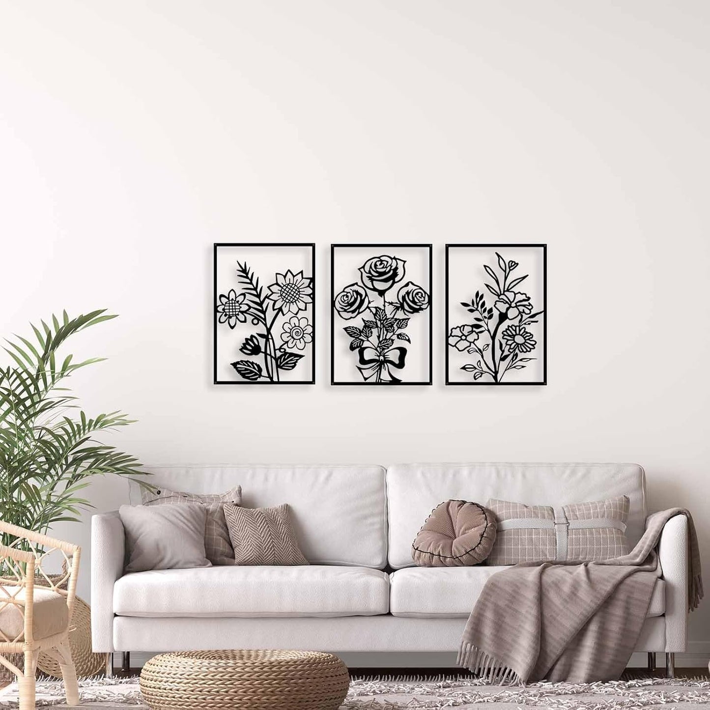 3 Pcs Minimalist Black Metal Flower Wall Art – Modern Floral Line Decor