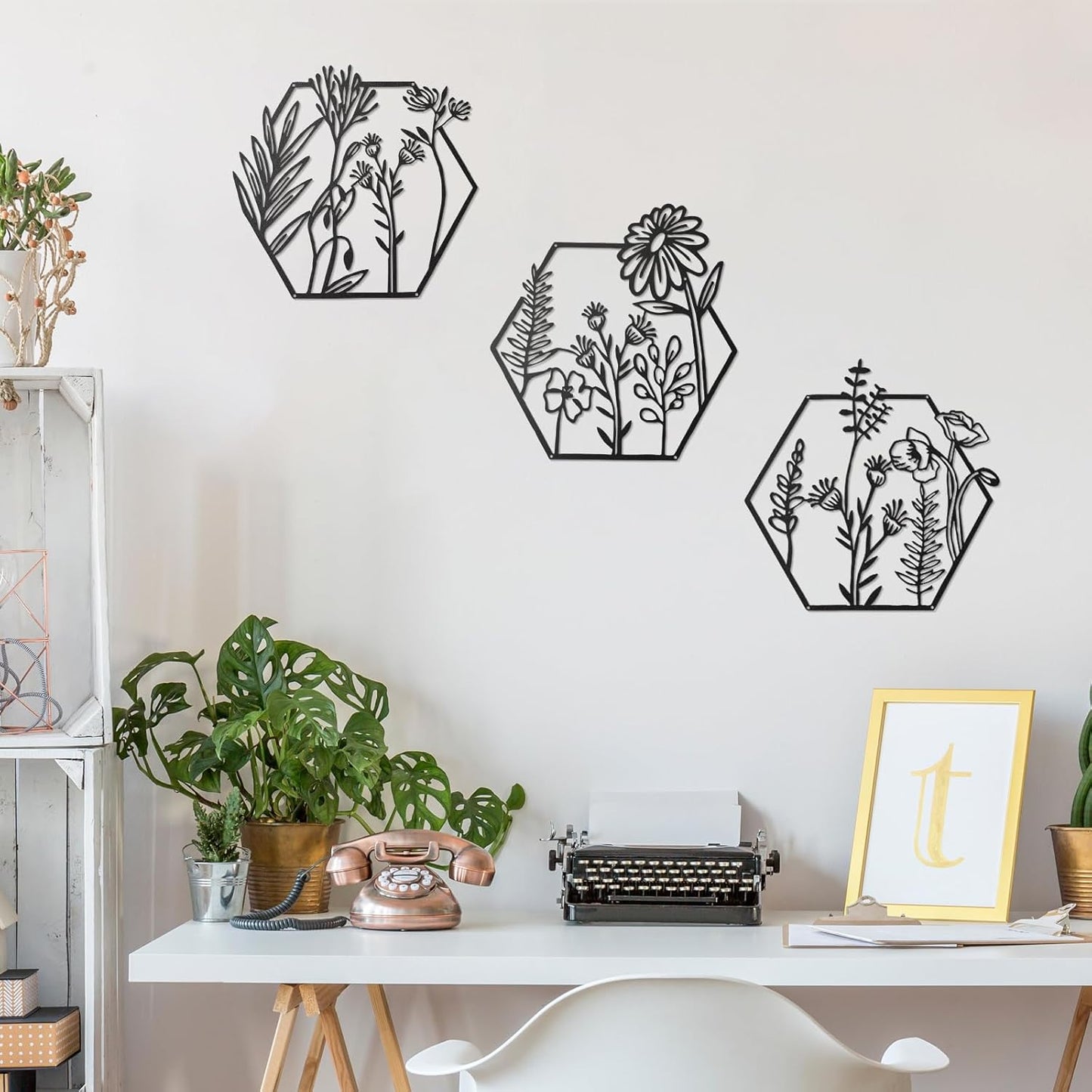 3 Pcs Black Metal Flower Wall Decor – Minimalist Floral Wall Art