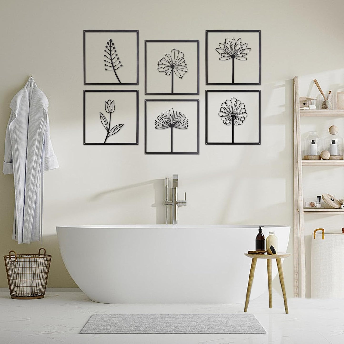 6 Pcs Black Metal Wall Art Decor – Minimalist Flower and Leaf Line Art
