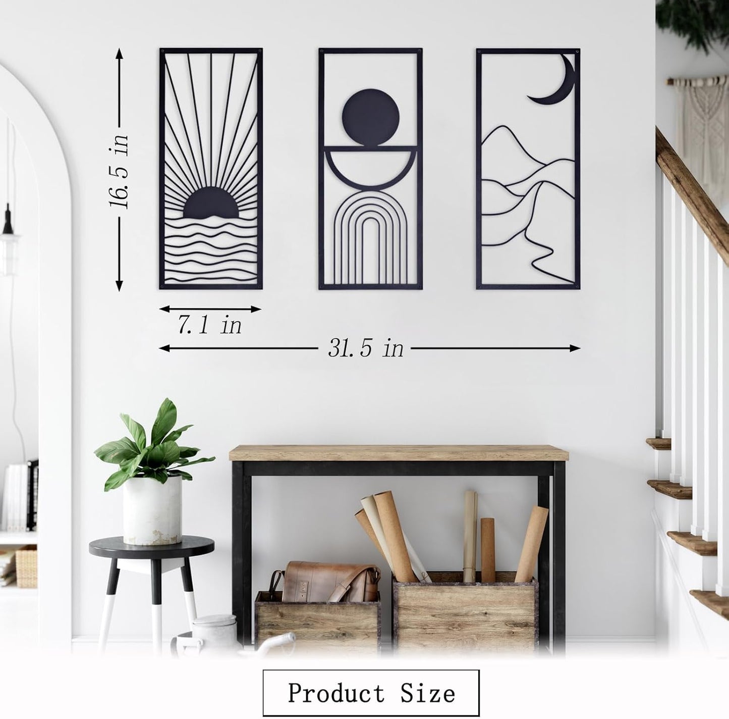 3 Pcs Black Metal Wall Art – Minimalist Boho Wall Decor – Large Modern Abstract Wall Art for Living Room and Bedroom