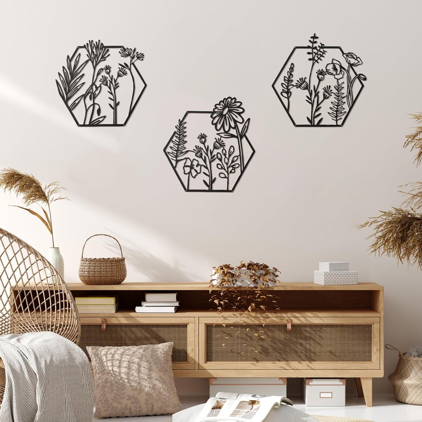 3 Pcs Black Metal Flower Wall Decor – Minimalist Floral Wall Art