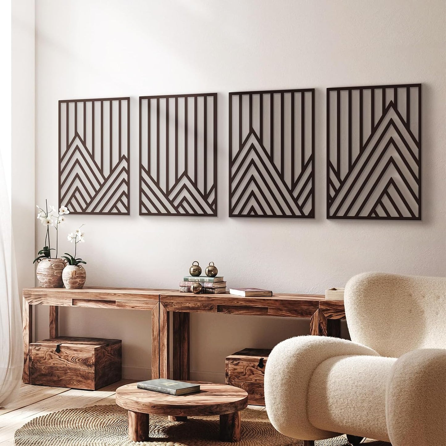 4 Pcs Black Abstract Mountain Line Metal Wall Art – Minimalist Single Line Art