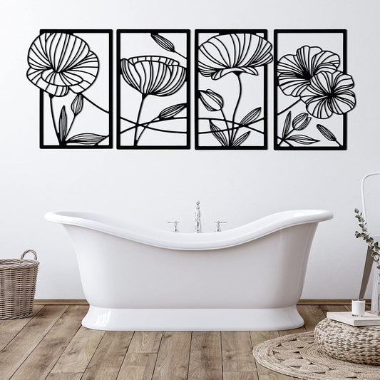 4 Pcs Black Metal Wall Art – Floral Line Art Minimalist Wall Decor