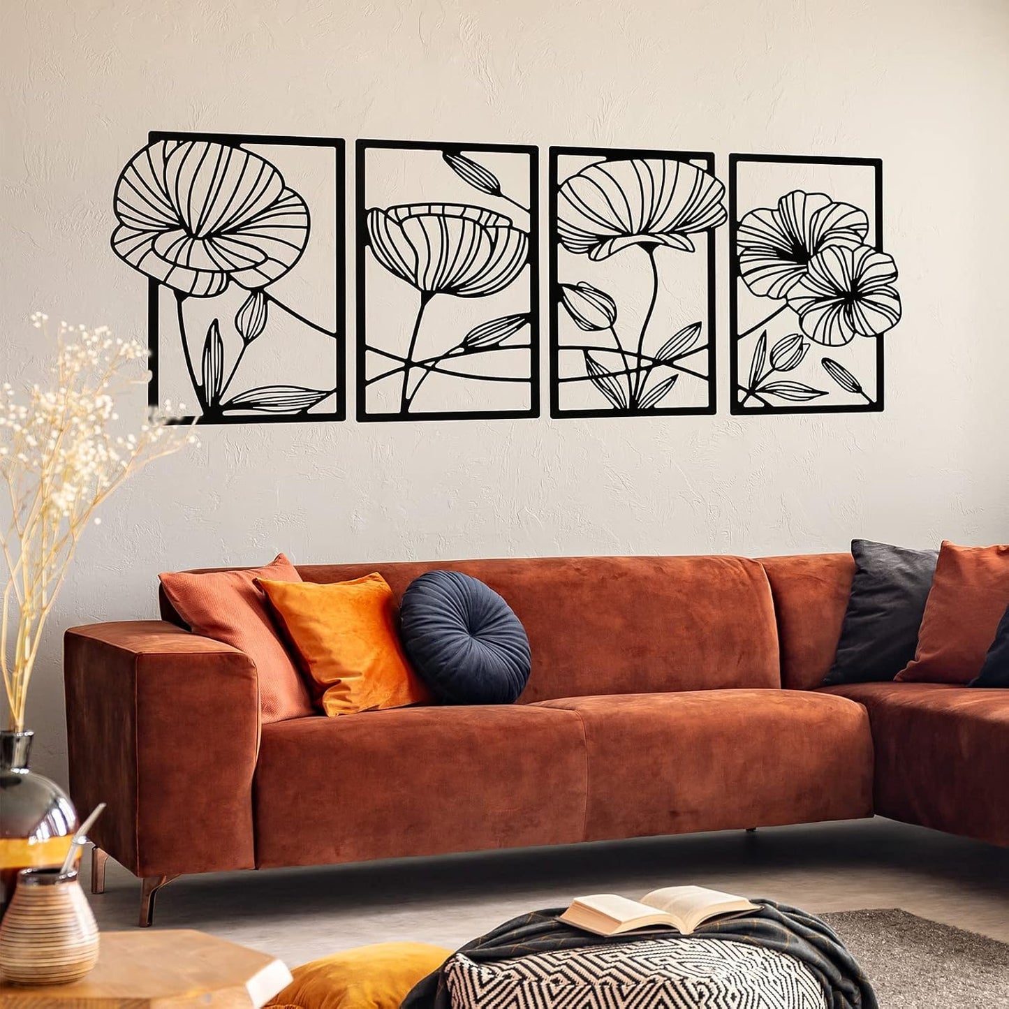 4 Pcs Black Metal Wall Art – Floral Line Art Minimalist Wall Decor