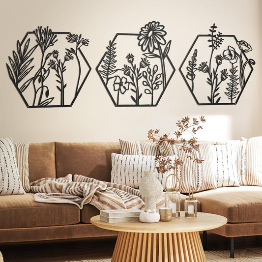 3 Pcs Black Metal Flower Wall Decor – Minimalist Floral Wall Art