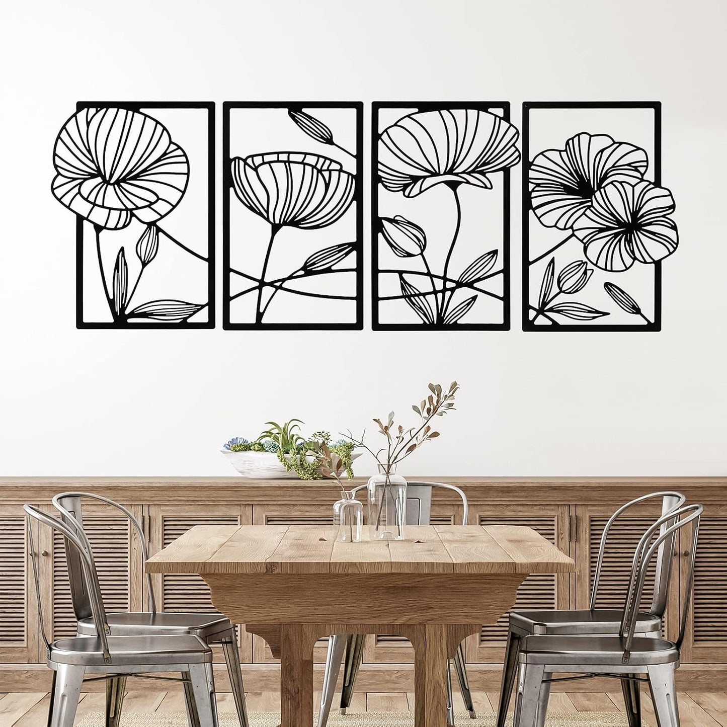 4 Pcs Black Metal Wall Art – Floral Line Art Minimalist Wall Decor