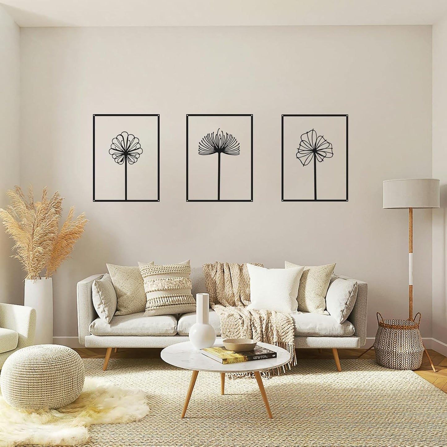 3 Pcs Black Minimalist Abstract Wall Art – Metal Tree Leaf Line Drawing