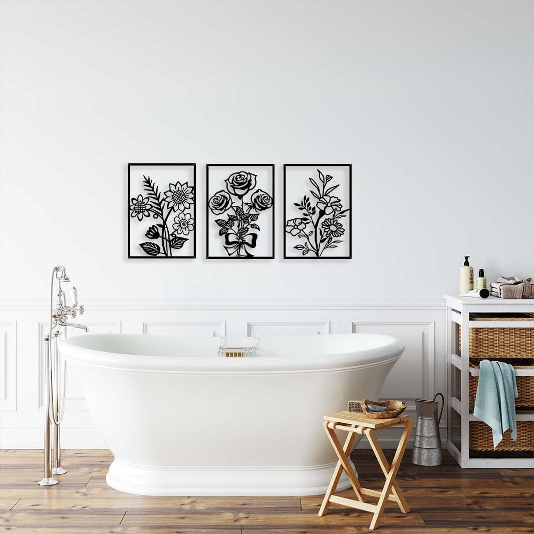 3 Pcs Minimalist Black Metal Flower Wall Art – Modern Floral Line Decor