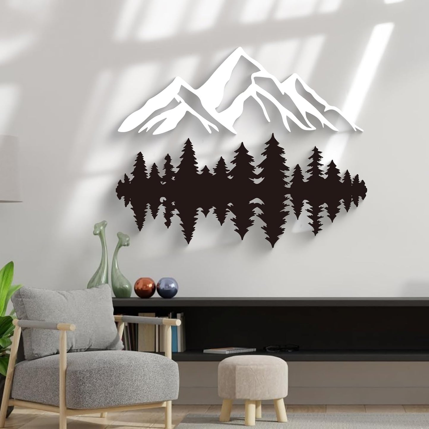 2 Pcs Large White and Black Mountain Forest Metal Wall Art – 47" x 19"