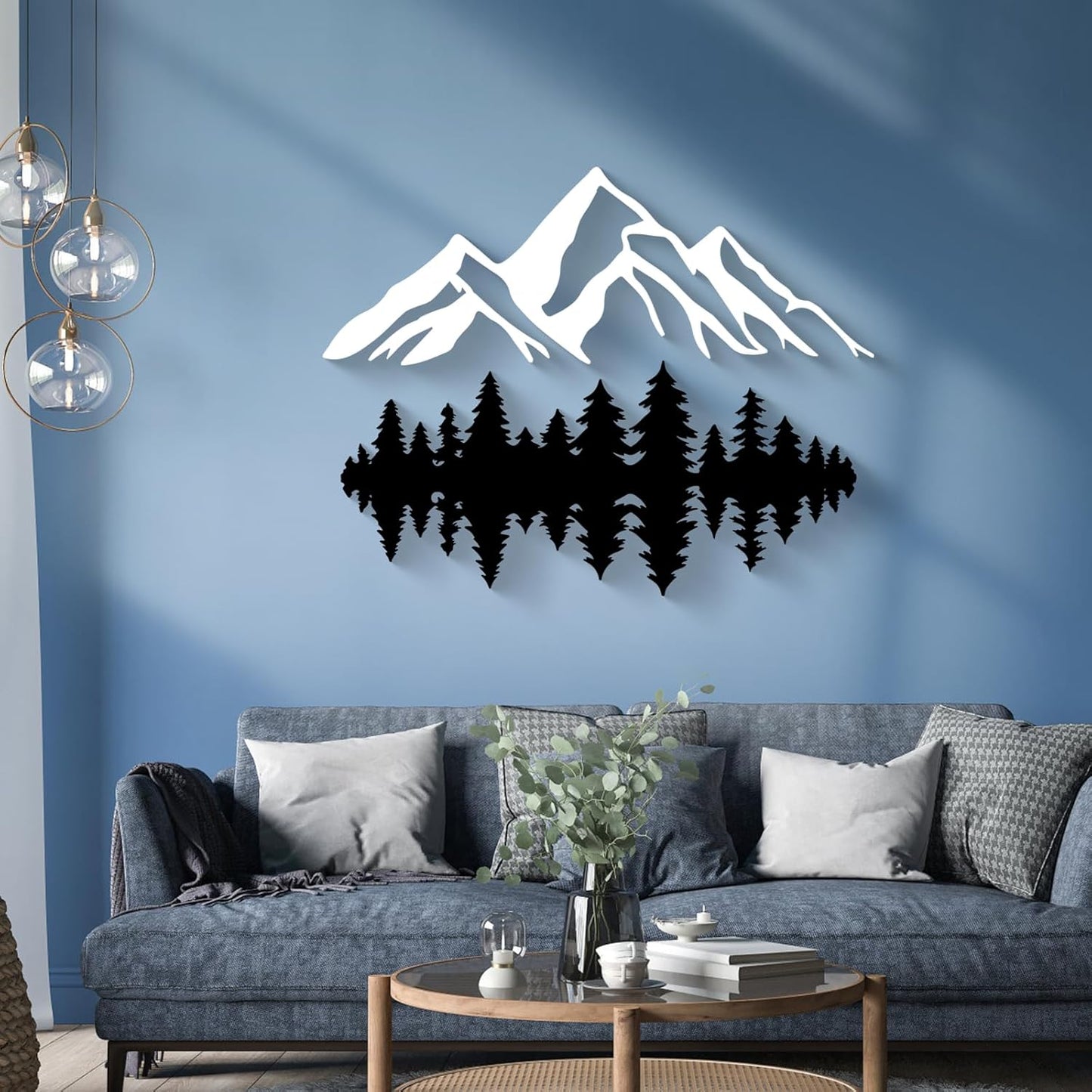 2 Pcs Large White and Black Mountain Forest Metal Wall Art – 47" x 19"