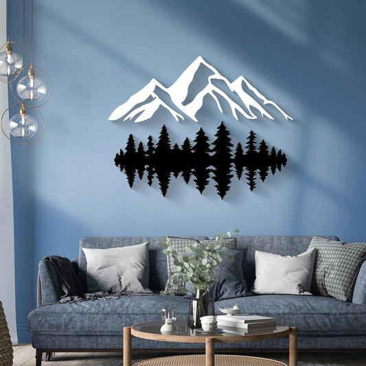 2 Pcs Large White and Black Mountain Forest Metal Wall Art – 47" x 19"