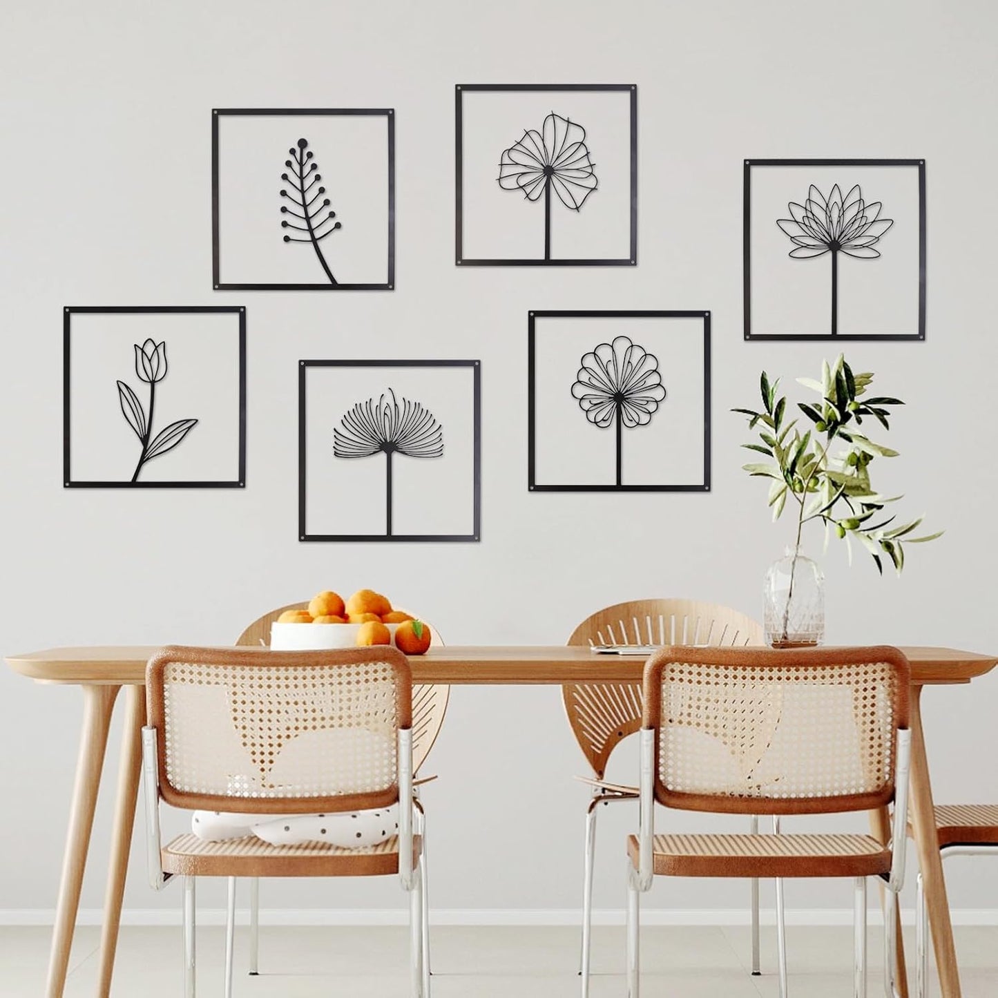 6 Pcs Black Metal Wall Art Decor – Minimalist Flower and Leaf Line Art