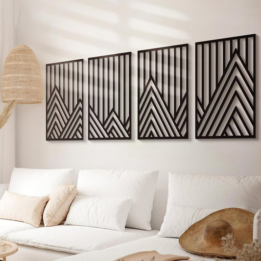 4 Pcs Black Abstract Mountain Line Metal Wall Art – Minimalist Single Line Art