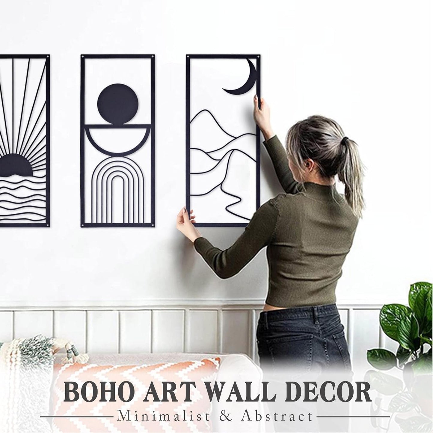 3 Pcs Black Metal Wall Art – Minimalist Boho Wall Decor – Large Modern Abstract Wall Art for Living Room and Bedroom