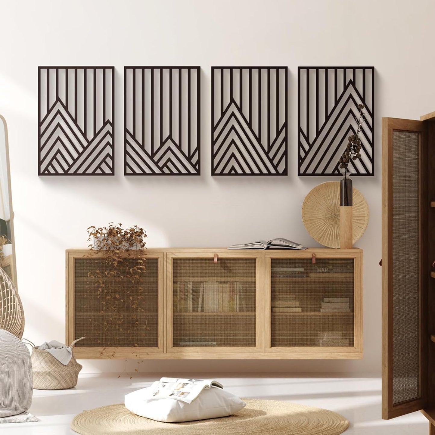 4 Pcs Black Abstract Mountain Line Metal Wall Art – Minimalist Single Line Art