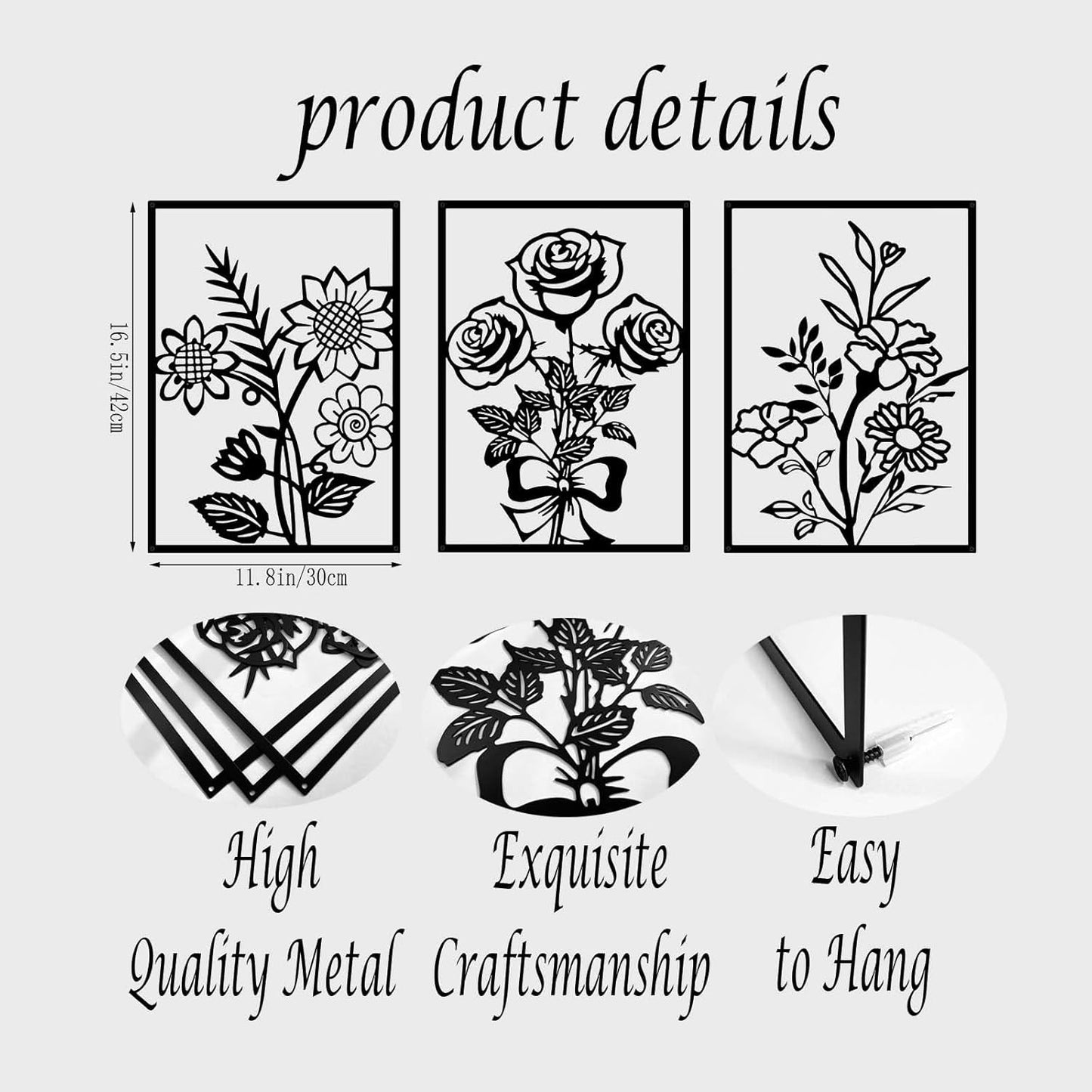 3 Pcs Minimalist Black Metal Flower Wall Art – Modern Floral Line Decor