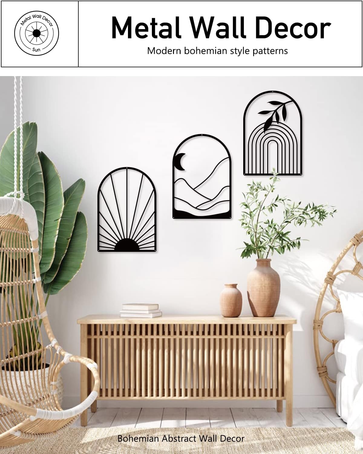 3 Pack Black Metal Wall Decor – Large Bohemian Line Wall Art