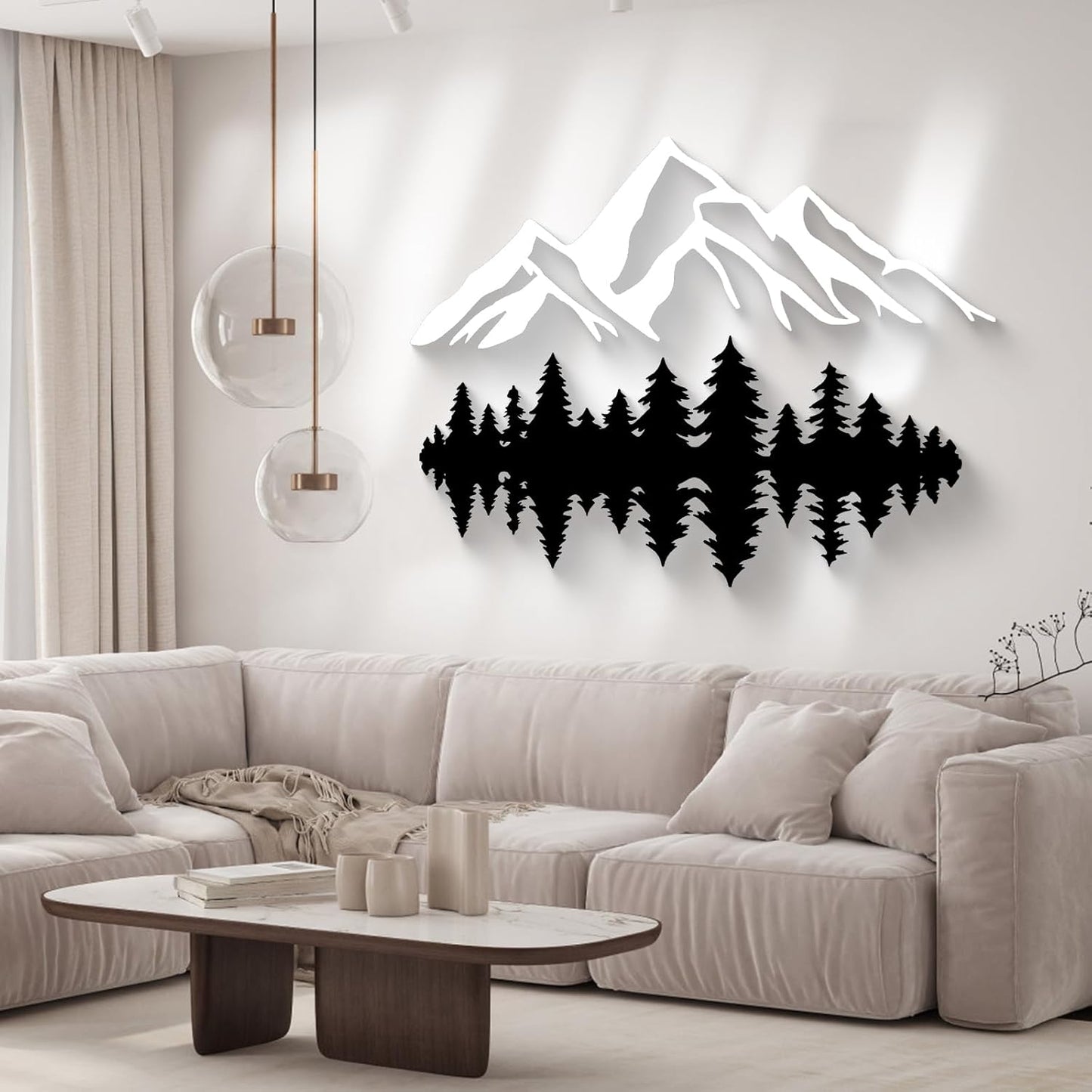 2 Pcs Large White and Black Mountain Forest Metal Wall Art – 47" x 19"