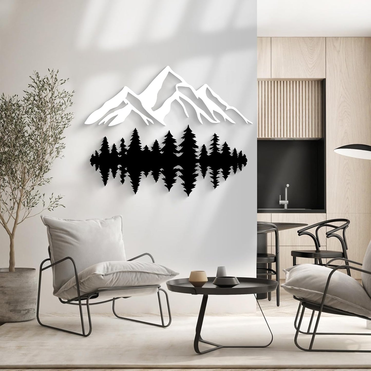2 Pcs Large White and Black Mountain Forest Metal Wall Art – 47" x 19"