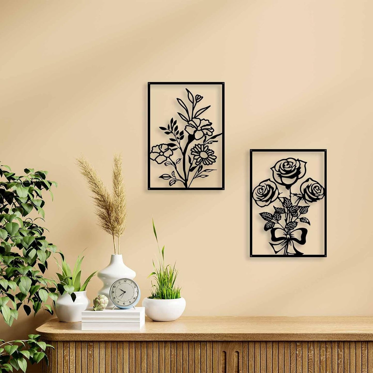 3 Pcs Minimalist Black Metal Flower Wall Art – Modern Floral Line Decor