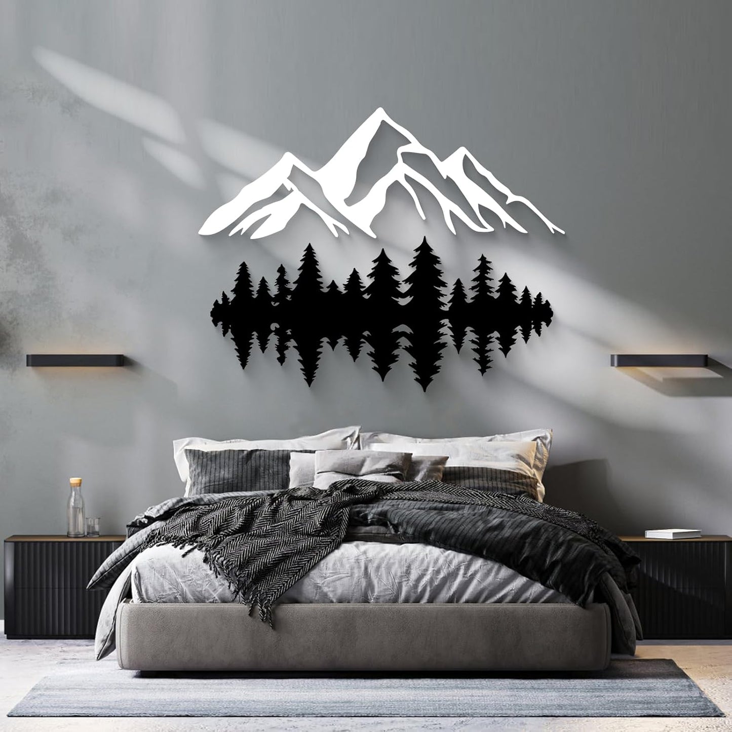 2 Pcs Large White and Black Mountain Forest Metal Wall Art – 47" x 19"