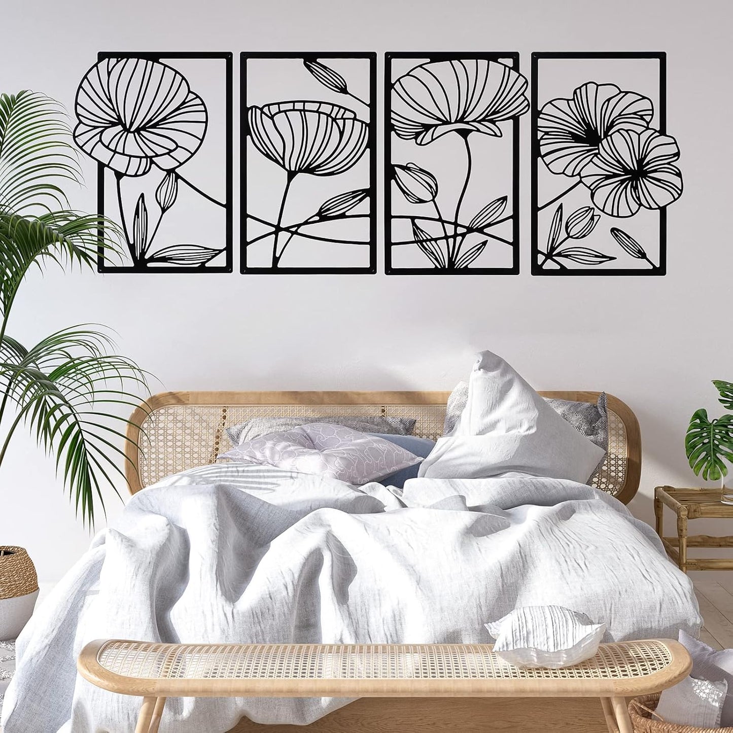 4 Pcs Black Metal Wall Art – Floral Line Art Minimalist Wall Decor