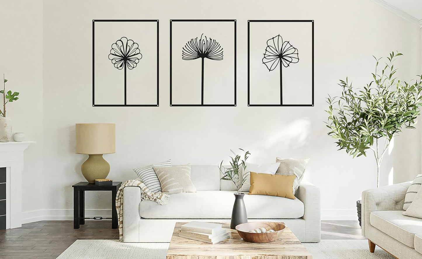 3 Pcs Black Minimalist Abstract Wall Art – Metal Tree Leaf Line Drawing