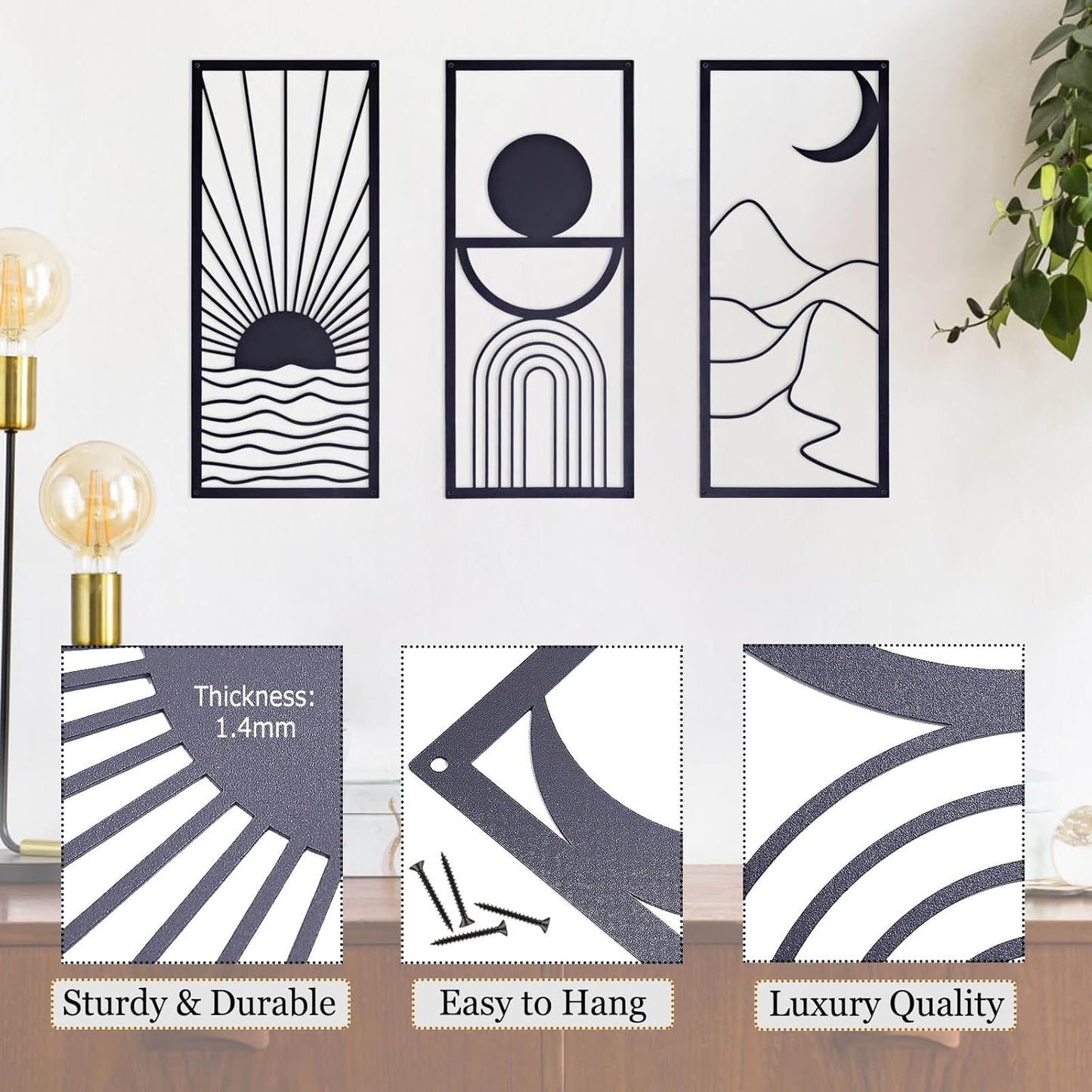 3 Pcs Black Metal Wall Art – Minimalist Boho Wall Decor – Large Modern Abstract Wall Art for Living Room and Bedroom