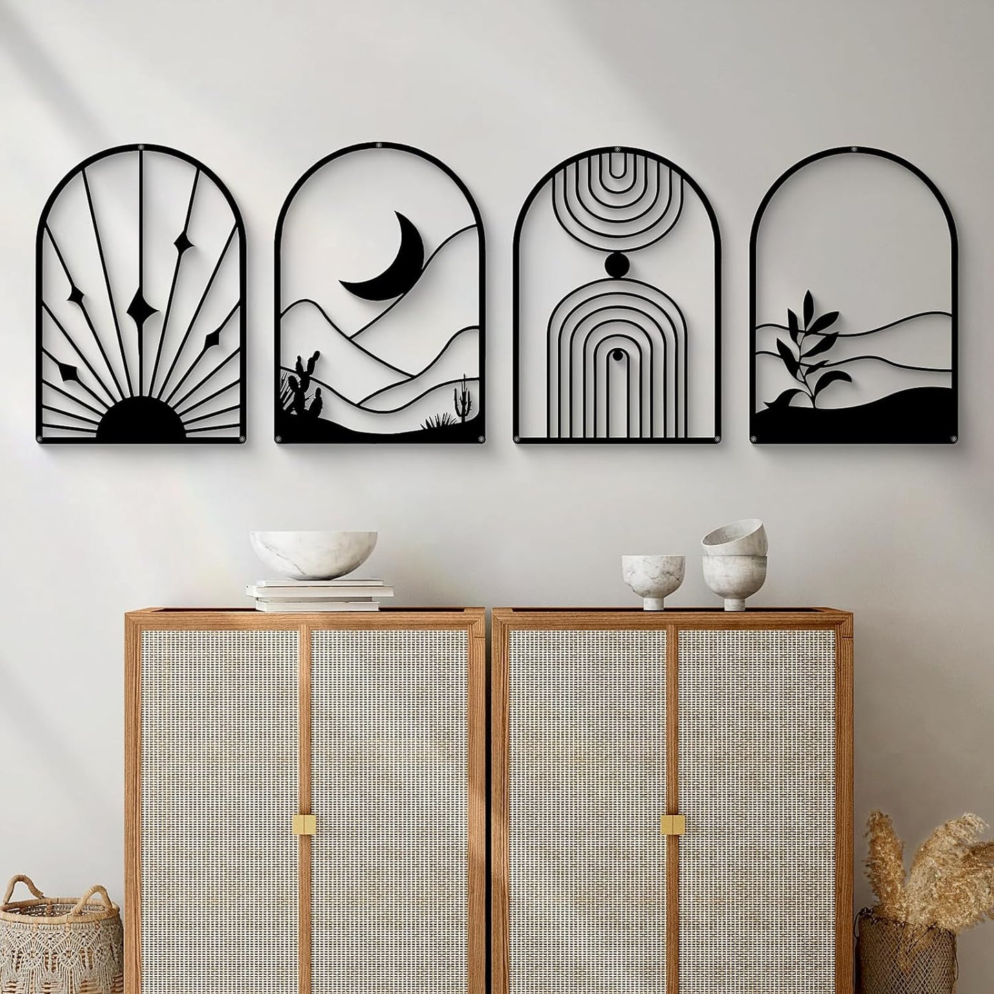 4 Pack Black Abstract Metal Wall Art – Minimalist Single Line Boho Wall Decor