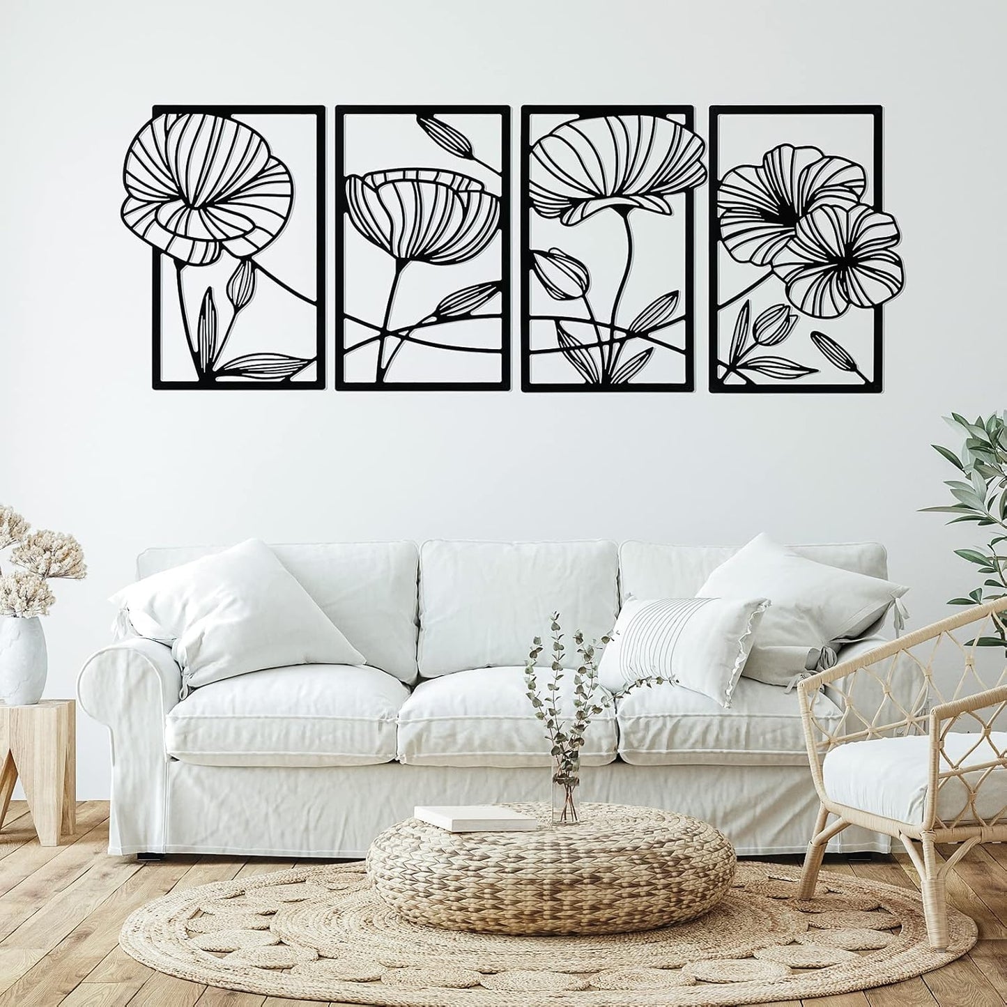 4 Pcs Black Metal Wall Art – Floral Line Art Minimalist Wall Decor